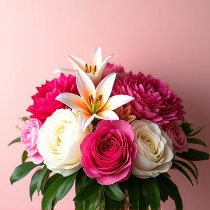 Close-up of a vibrant mixed flower bouquet featuring peonies, roses, and lilies